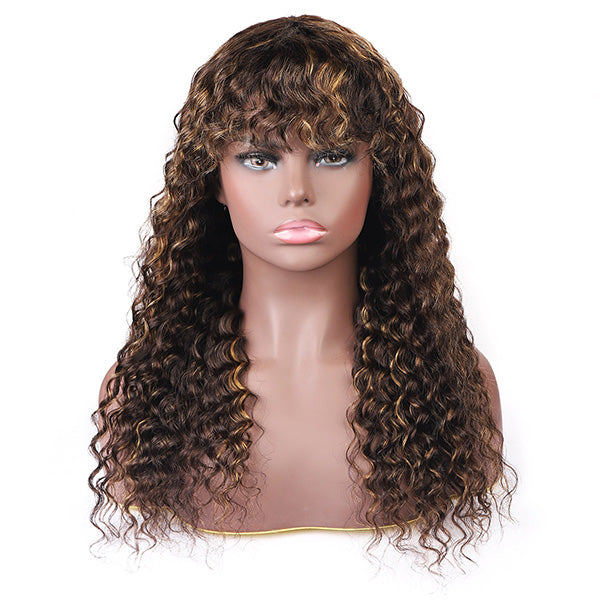 Highlight Color Human Hair Wigs With Bangs Deep Wave No Lace Wig