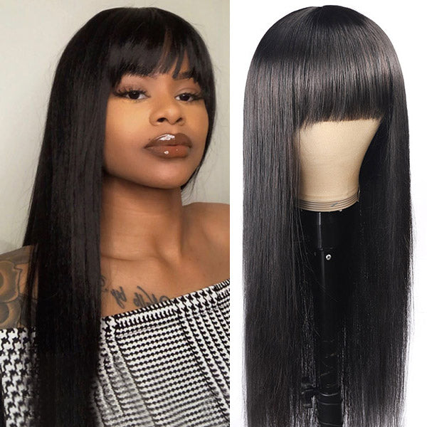 Straight Virgin Human Hair Wigs Machine Made Virgin Hair Wig With Neat Bangs