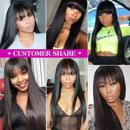 Straight Virgin Human Hair Wigs Machine Made Virgin Hair Wig With Neat Bangs