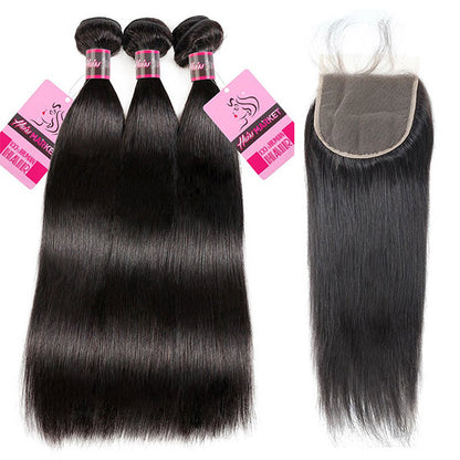 Long Straight Human Hair 3 Bundles With 5*5 Lace Closure 16-38 Inch