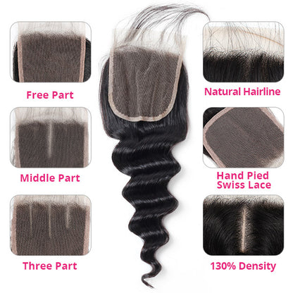 Virgin Loose Deep Wave Human Hair 4 Bundles With Lace Closure