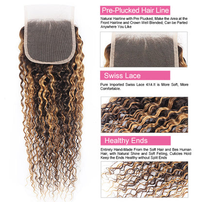 Honey Blonde Highlight Bundles with Closure Virgin Human Hair Highlight Curly Hair with 4*4 Lace Closure