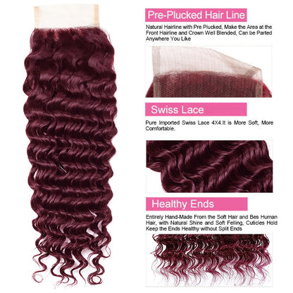 99J Deep Wave 3 Bundles With Closure Virgin Burgundy Human Hair Bundles With Closure