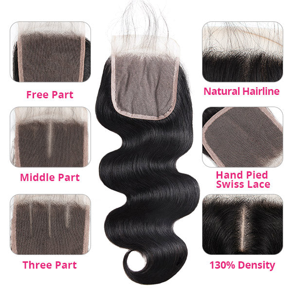 Ishow Brazilian Body Wave Virgin Human Hair 4 Bundles With 4x4 Lace Closure