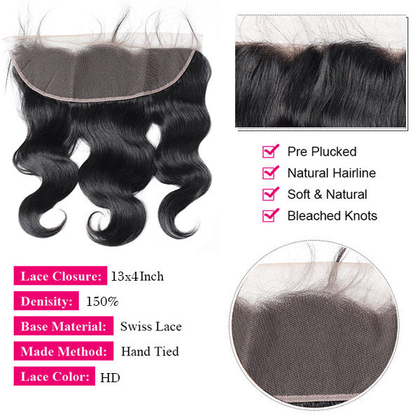 Brazilian Body Wave Hair 3 Bundles with HD 13x4 Lace Front Closure