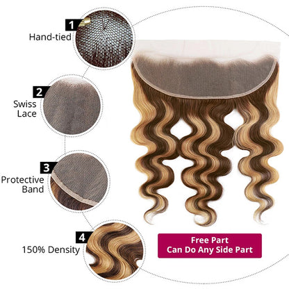 Highlight Body Wave Bundles With 13*4 Lace Frontal Virgin Human Brazilian Hair P4/27