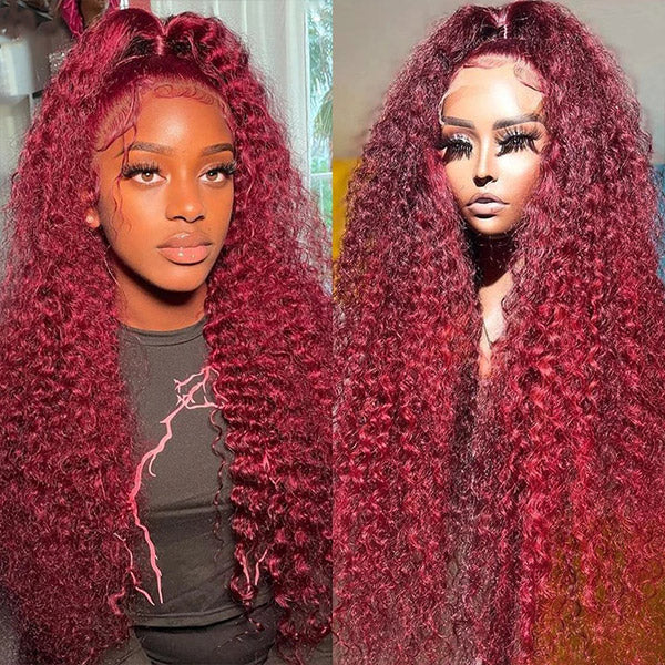 30 Inch 99J Deep Wave Lace Front Wig 13x4 HD Lace Frontal Wig Burgundy Human Hair Wigs