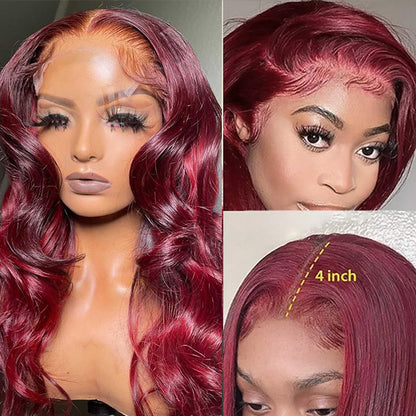 99J Body Wave Wig 4x4 Lace Front Wig Burgundy HD Human Hair Wig