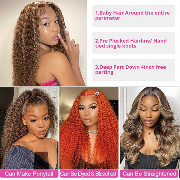 Honey Blonde Highlights Wig Curly Hair 4x4 Lace Closure Wigs 180% Density HD Transparent Lace Wig