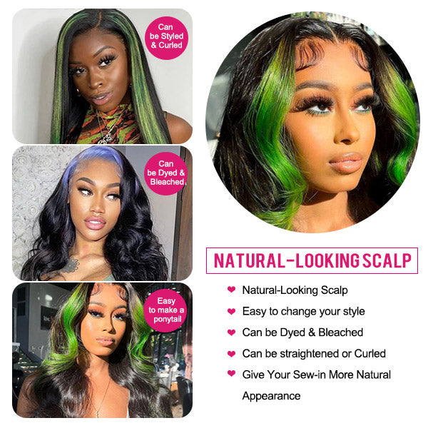 Highlight Green Wigs 13x4 HD Lace Front Wigs Body Wave Human Hair Wigs 34 Inch