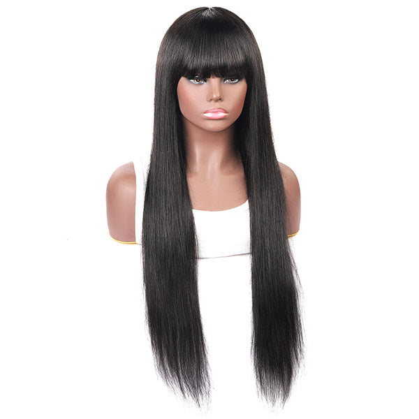 Straight Virgin Human Hair Wigs Machine Made Virgin Hair Wig With Neat Bangs