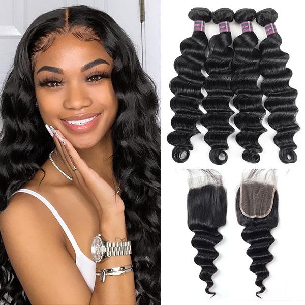 Virgin Loose Deep Wave Human Hair 4 Bundles With Lace Closure 100% Brazilian Hair