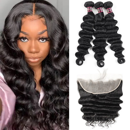 8A Brazilian Virgin Hair Loose Deep Wave Bundles 3 Bundles With HD Transparent Lace Frontal