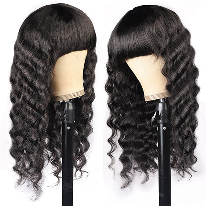 Loose Deep Virgin Human Hair Wigs, No Lace Wigs With Bangs