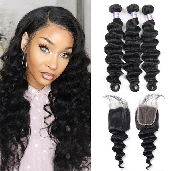 9A Allove Virgin Loose Deep Wave Hair 3 Bundles Human Hair With One FREE Closure