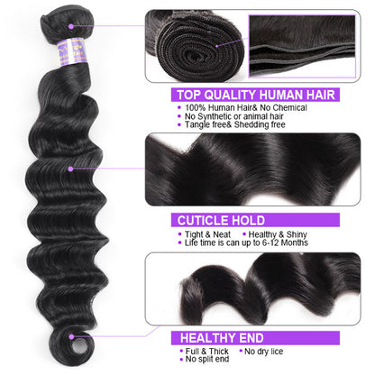 8A Peruvian Virgin Hair Loose Deep Wave Human Hair 3 Bundles With 4*4 Lace Closure