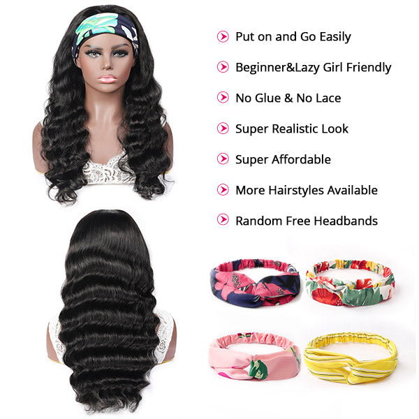 Loose Wave Human Hair Wigs With Headband Attached