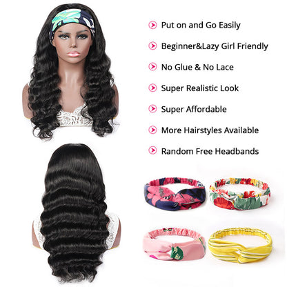 Loose Wave Human Hair Wigs With Headband Attached