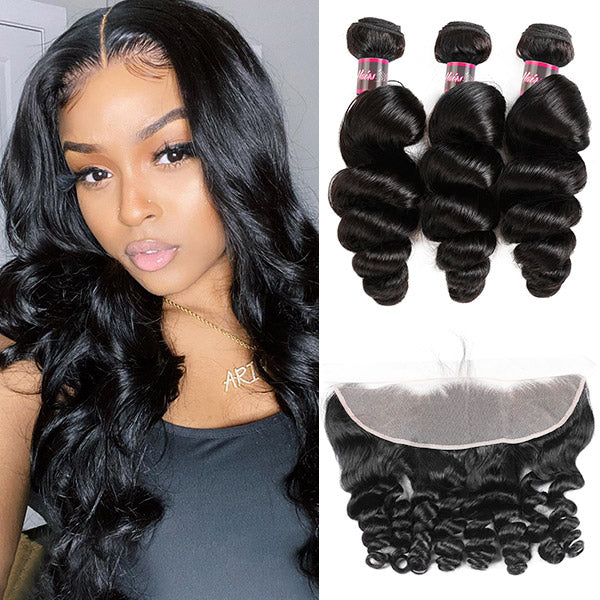 Brazilian Loose Wave Virgin Human Hair 3 Bundles With 13*4 HD Lace Frontal