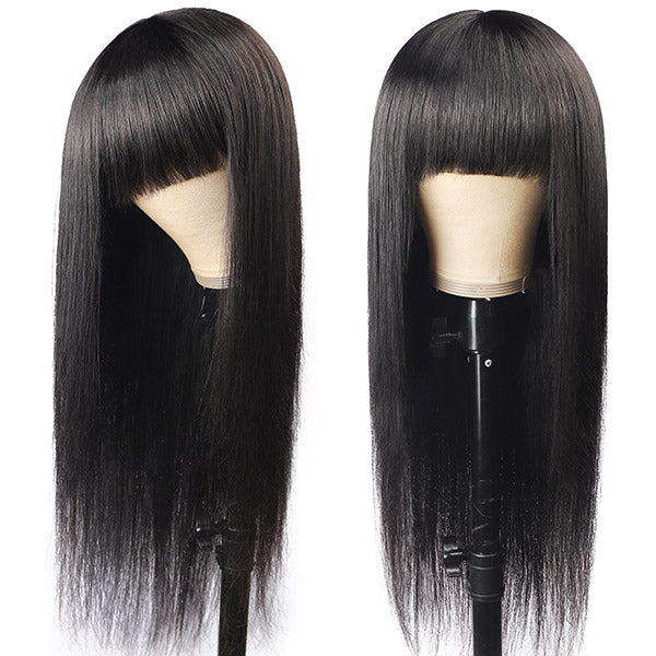 Straight Virgin Human Hair Wigs Machine Made Virgin Hair Wig With Neat Bangs