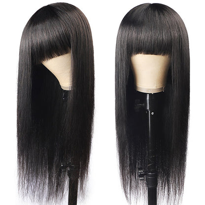 Straight Virgin Human Hair Wigs Machine Made Virgin Hair Wig With Neat Bangs