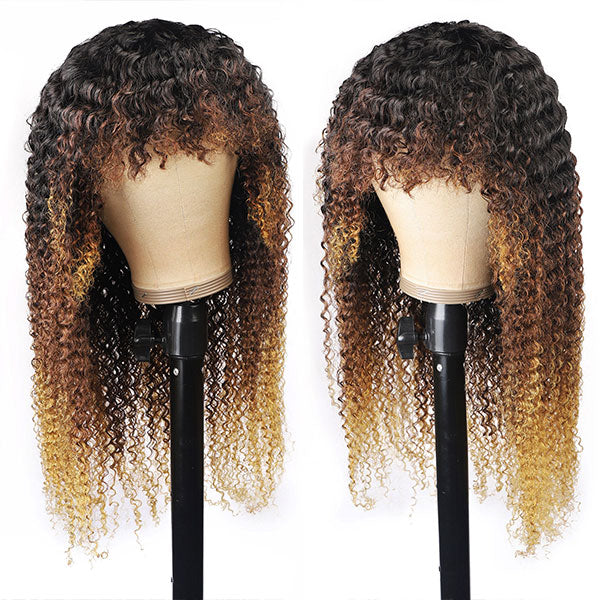 Curly Virgin Hair Wigs Machine Made Wigs 100% Human Hair Wig With Bangs