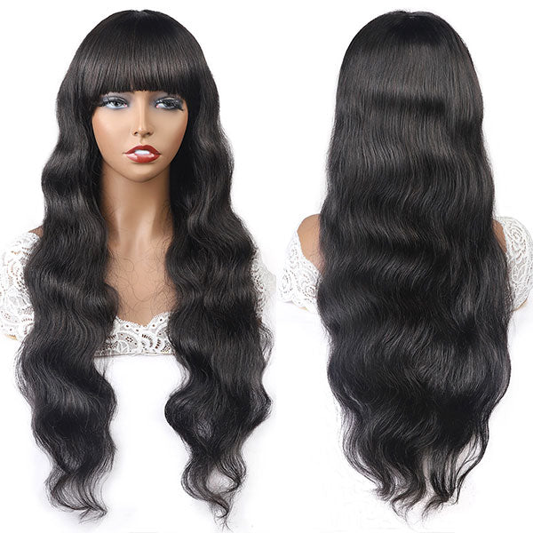 Body Wave Virgin Hair Wig With Free Part Bangs Machine Made Human Hair Wigs