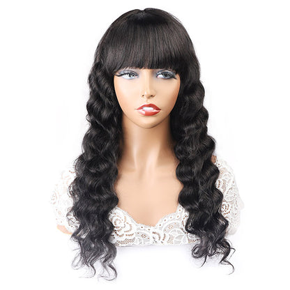 Loose Deep Virgin Human Hair Wigs, No Lace Wigs With Bangs