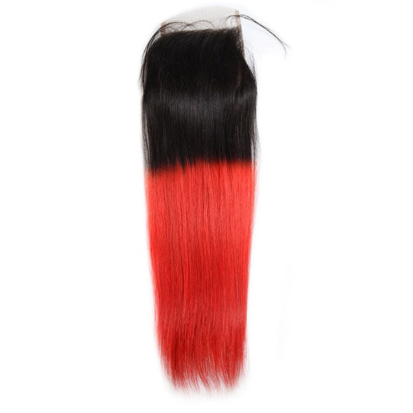 Ombre Virgin Straight Human Hair Weave Extensions With Lace Closure 1B/Red Color