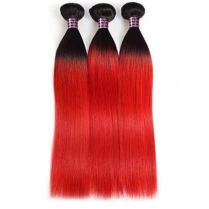 Ombre Virgin Straight Human Hair Weave Extensions With Lace Closure 1B/Red Color