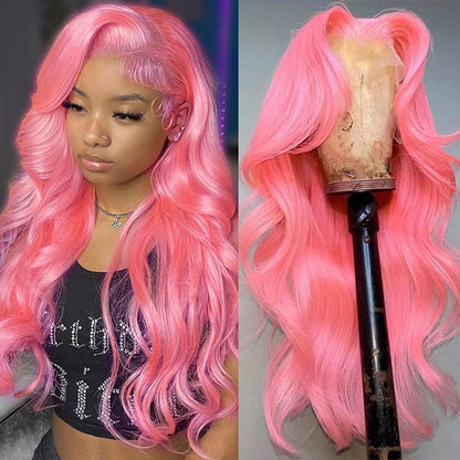 Pink Wigs 13x4 Body Wave Lace Frontal Wig Colored Human Hair Wigs 34 Inch 180%