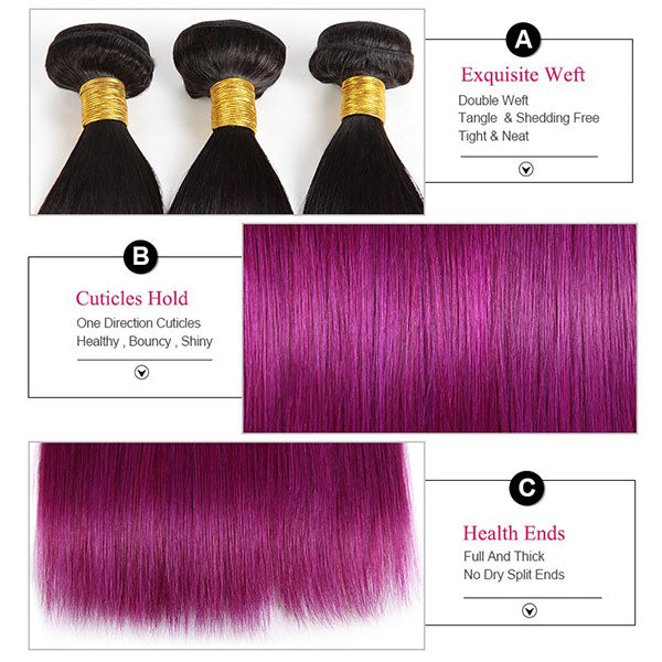 Ombre Straight Human Hair Weave 3 Bundles With Lace Closure T1b/Purple