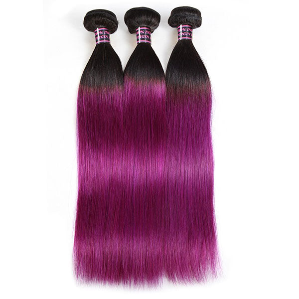 Ombre Straight Human Hair Weave 3 Bundles With Lace Closure T1b/Purple