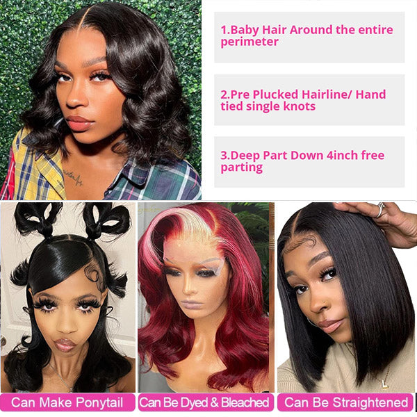 13x4 Body Wave Bob Lace Front Wigs HD Short Bob Lace Wig