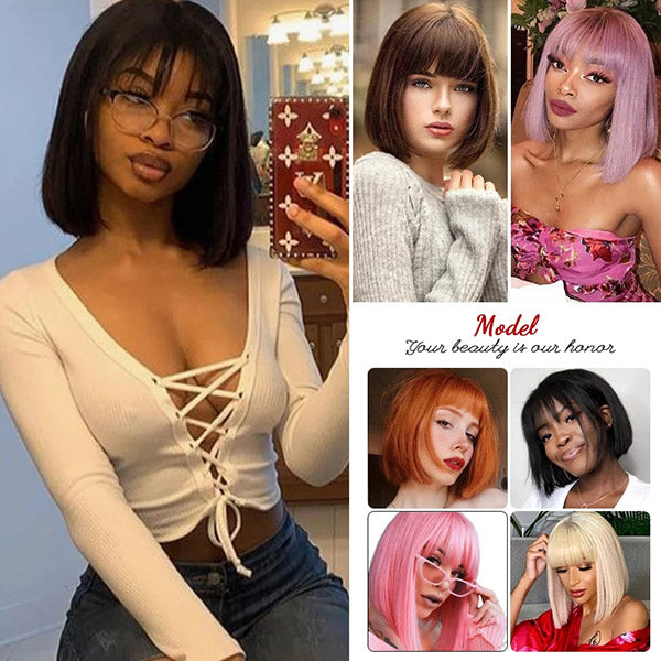 Straight Bob Virgin Hair Wigs Machine Made Human Hair Wigs with Bangs Bob Wig with Fringe