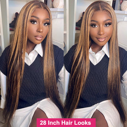 Peruvian Straight Hair Honey Blonde Highlights Hair Bundles with 13x4 Lace Frontal Closure Ear to Ear