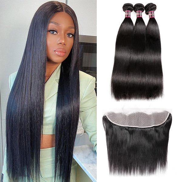 Peruvian Straight Human Hair 3 Bundles With 13*4 HD Transparent Lace Frontal