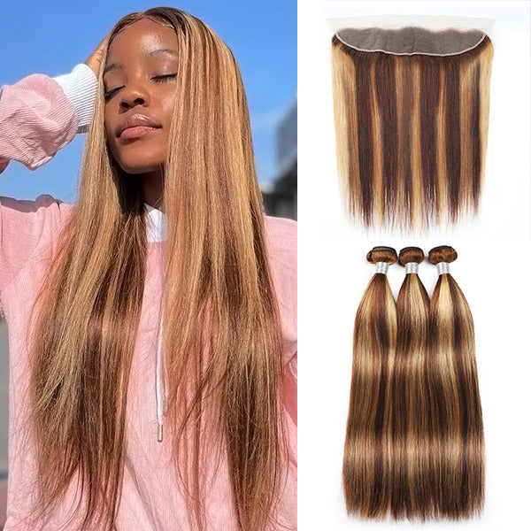 Peruvian Straight Hair Highlighted Bundles with Frontal 8-28 Inch Virgin Ombre Human Hair