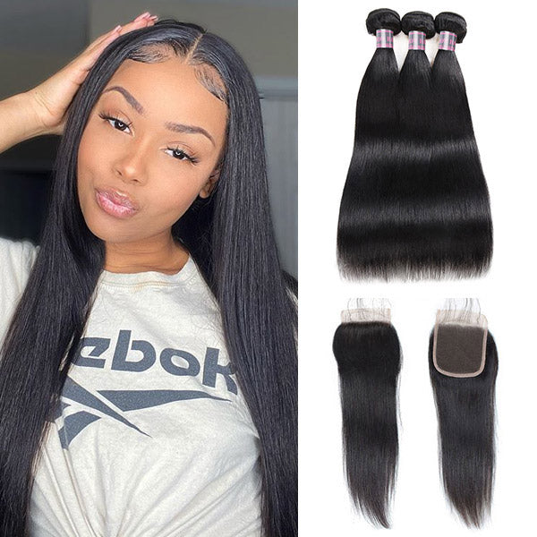 Brazilian Straight Hair 100% Virgin Human Hair 3 Bundles With 4*4 Lace Closure