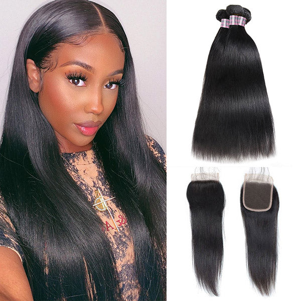 Virgin Remy Indian Straight Human Hair 3 Bundles With 4*4 Lace Closure