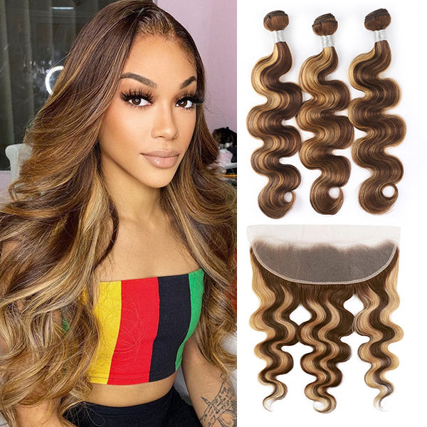 Highlight Body Wave Hair Bundles with 13*4 Lace Frontal Virgin Human Hair Indian Hair