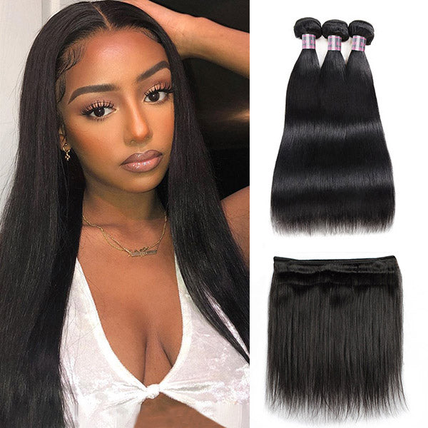 Malaysian Straight Human Hair 3 Bundles With 4*4 Lace Closure