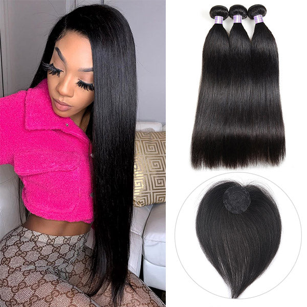 Allove 9A Virgin Brazilian Hair Straight Human Hair 3 Bundles with Free Hair Topper