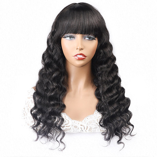 Loose Deep Virgin Human Hair Wigs, No Lace Wigs With Bangs