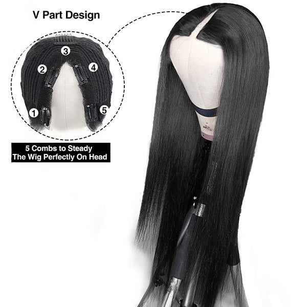 V Part Wigs Glueless Straight Human Hair Wigs No Gel No Leave out Thin Part Wig