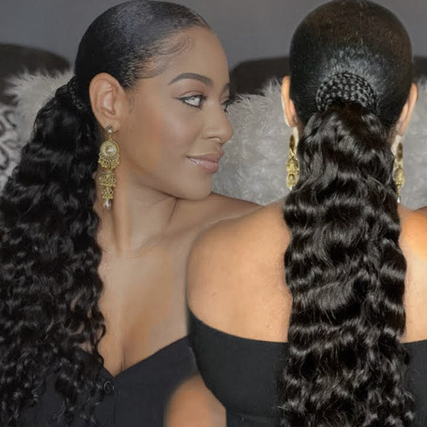 Wrap Around Ponytail Virgin Human Hair Water Wave Ponytail Extensions