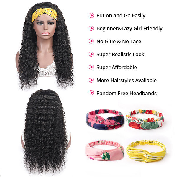 Water Wave Virgin Human Hair Wigs with Headband Half Wigs