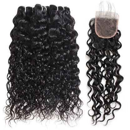 Peruvian Water Wave 3 Bundles With 4*4 Lace Closure Human Hair Extensions