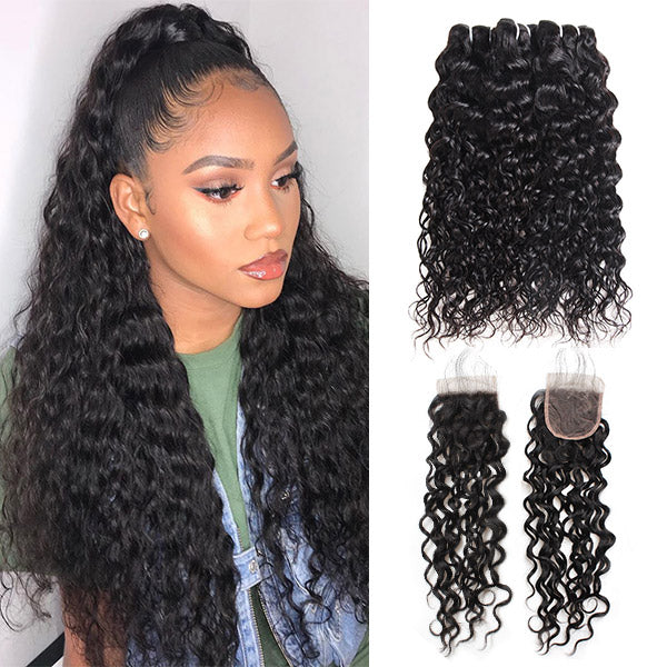 Hairsmarket Brazilian Virgin Hair Water Wave 3 Bundles With Lace Closure