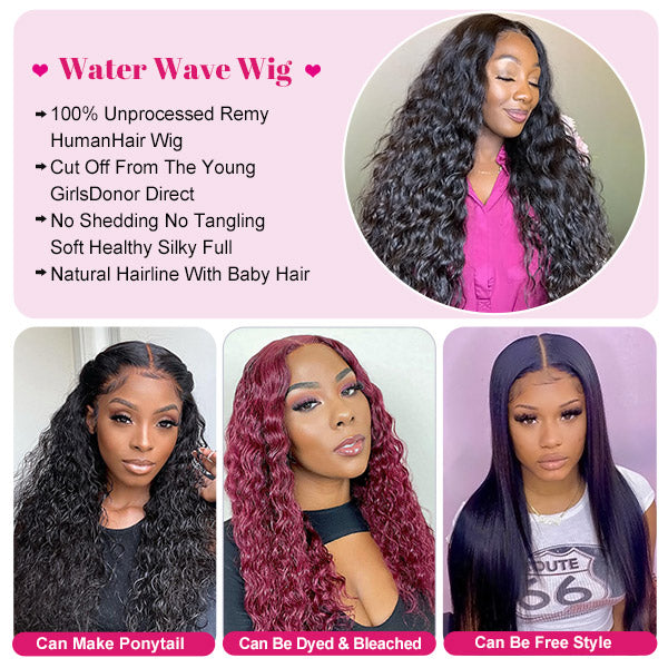 Hairsmarket HD Lace Glueless Water Wave 13x4 Lace Front Wigs Pre Plucked 100% Human Hair Wig